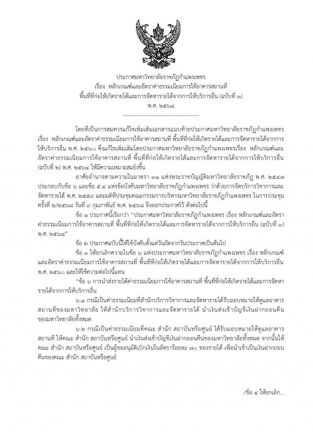 ประกาศ มรภ.กพ. เรื่อง หลักเกณฑ์และอัตราค่าธรรมเนียมการใช้อาคารสถานที่พื้นที่ที่ก่อให้เกิดรายได้และการจัดหารายได้จากการให้บริการอื่น (ฉบับที่ ๓) พ.ศ.2568